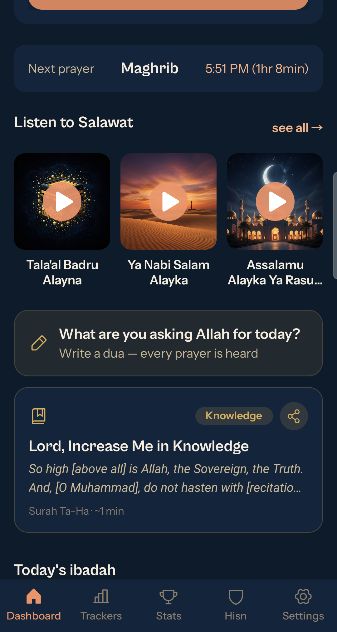 Dashboard with salawat, prayer times, dua prompt, Quran gem, and ibadah list