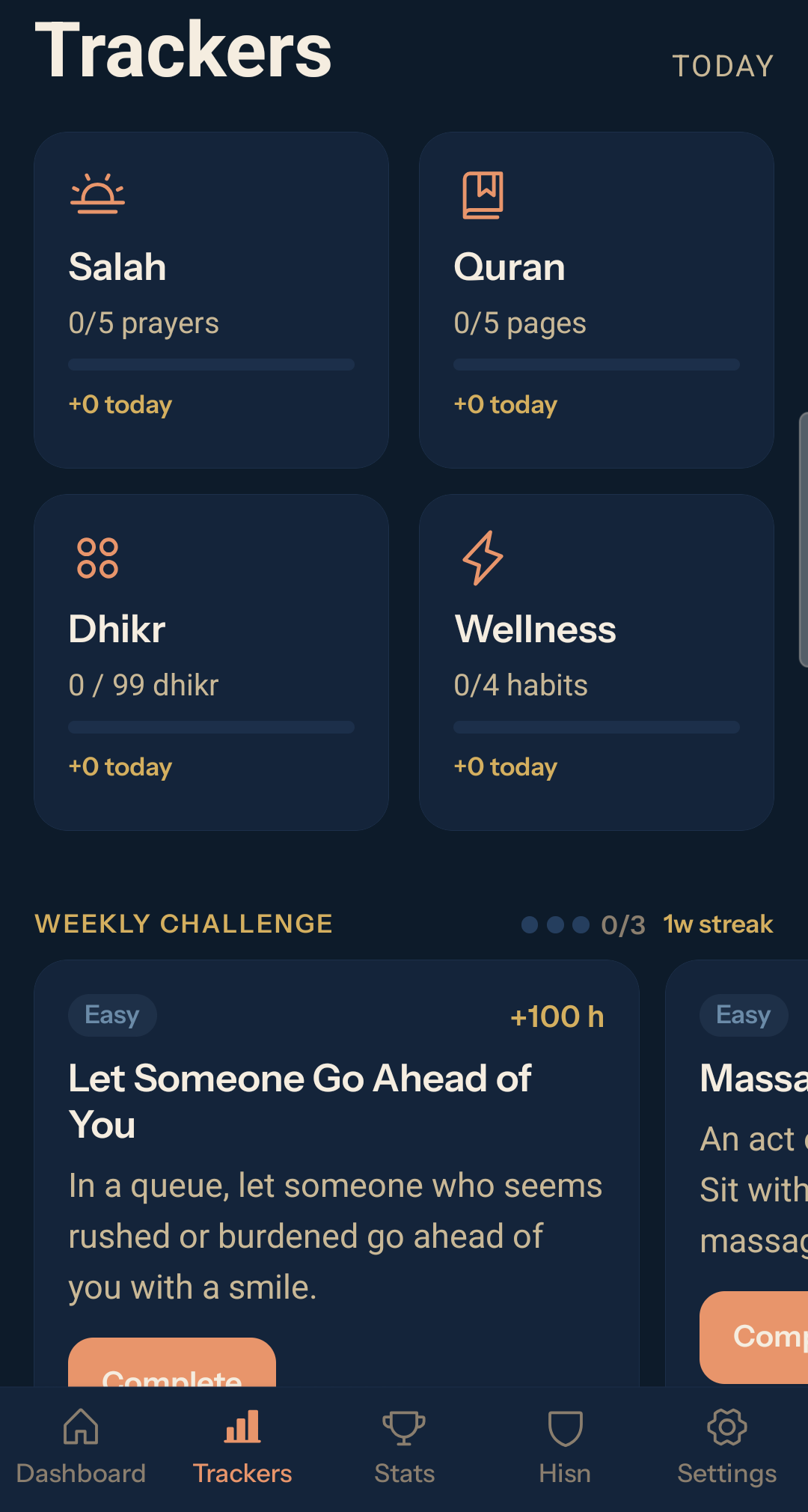 Trackers showing salah, quran, dhikr, wellness, and weekly challenges
