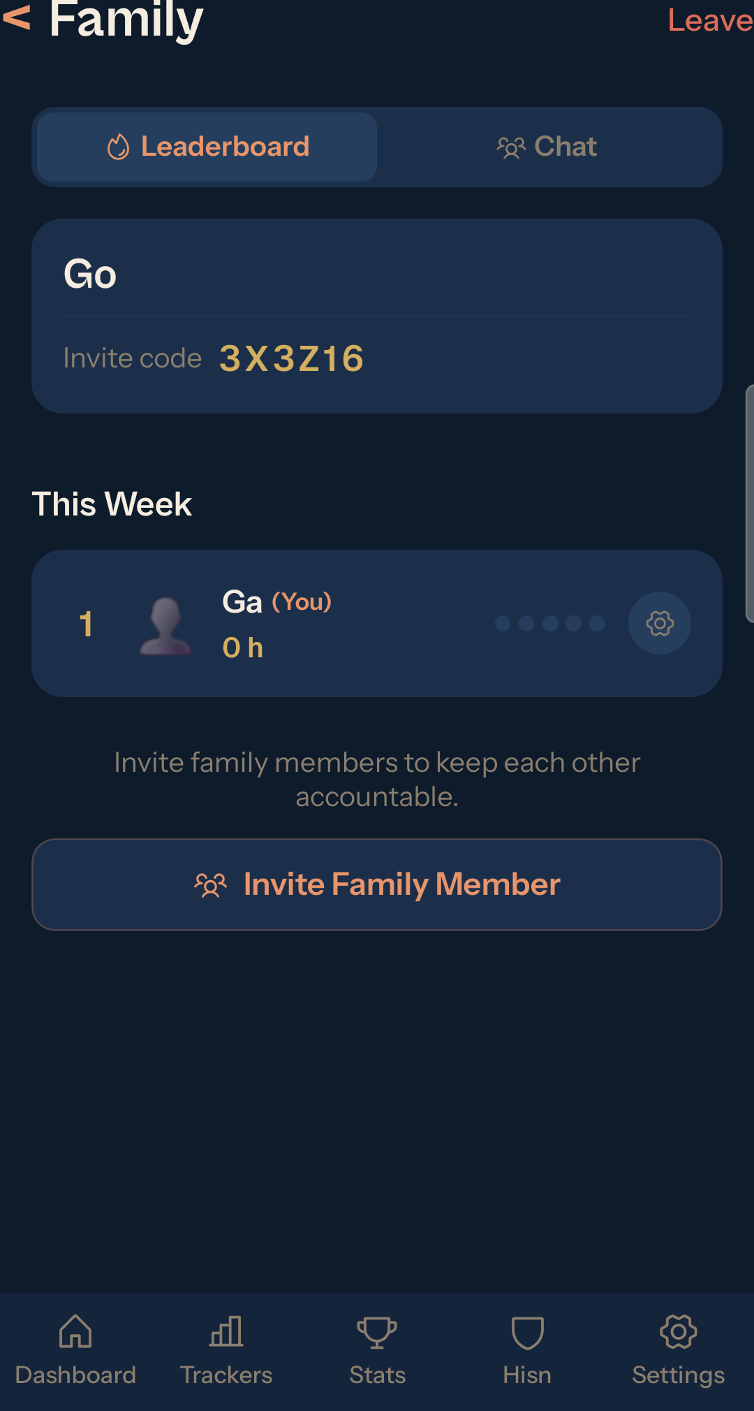 Family leaderboard with invite code, chat, and weekly tracking