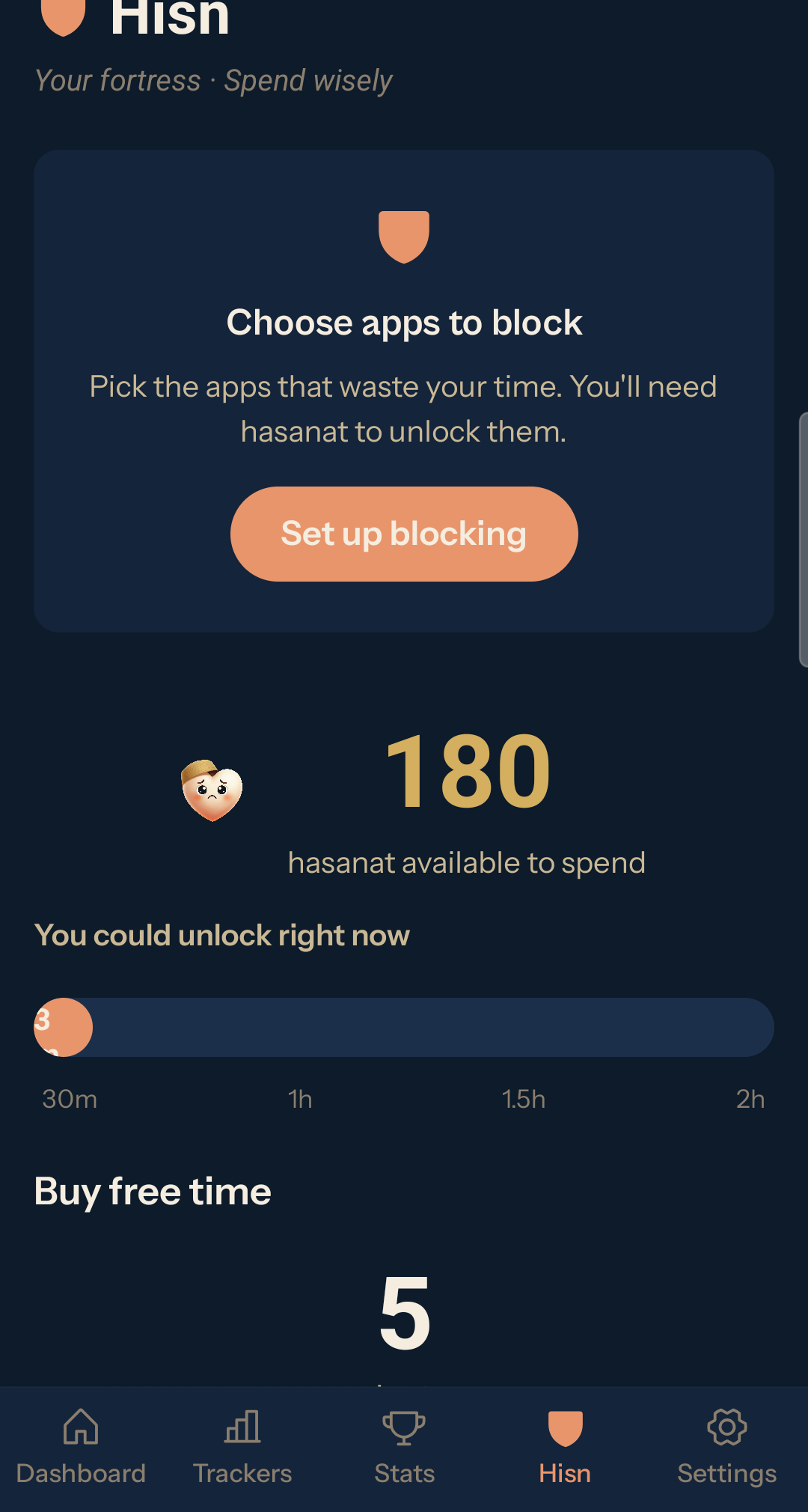 Hisn tab showing hasanat balance and app blocking controls