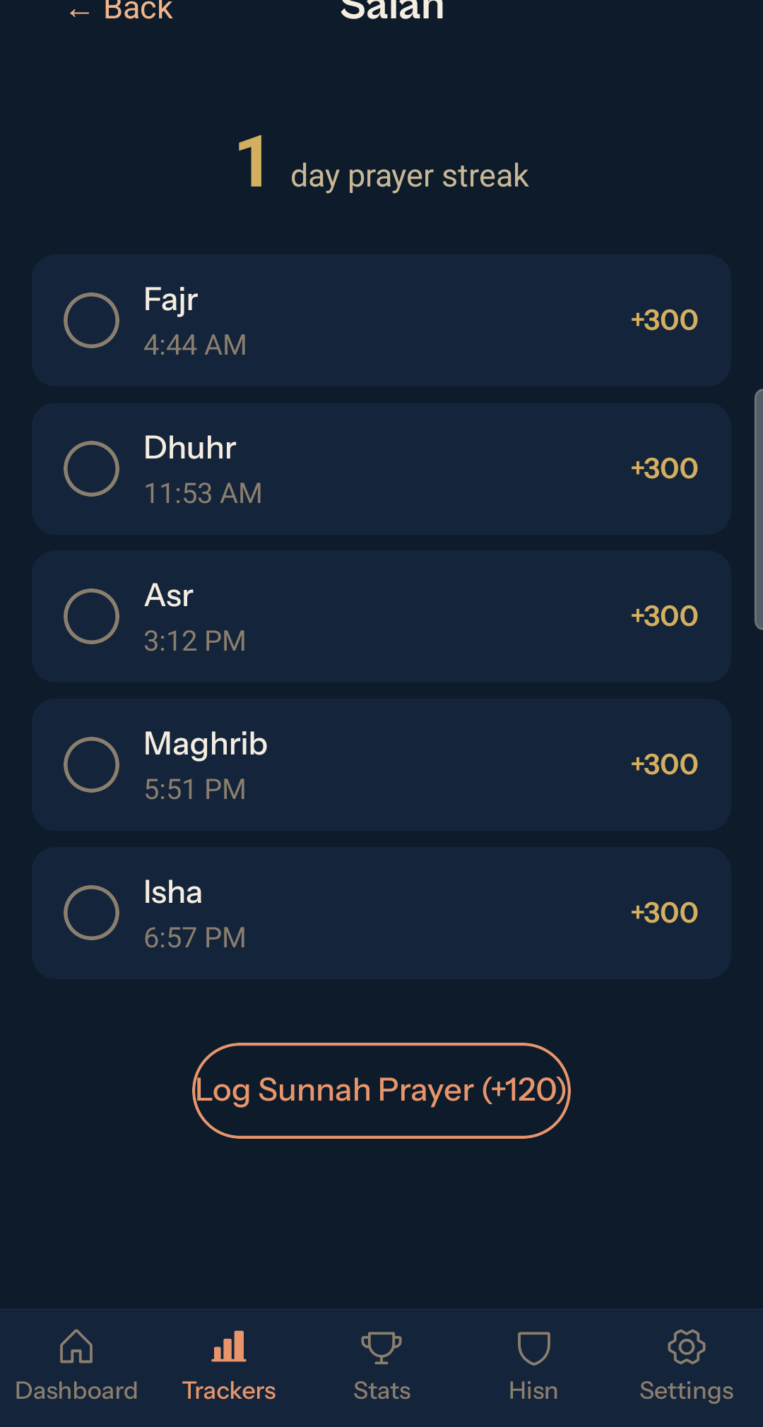 Salah tracker with 5 prayers, times, streak, and sunnah logging