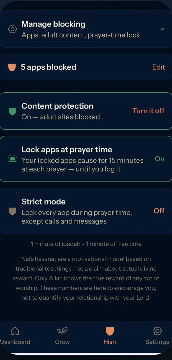 Nafs Hisn tab showing app and adult content blocking, content protection with adult sites blocked, and prayer-time app locking