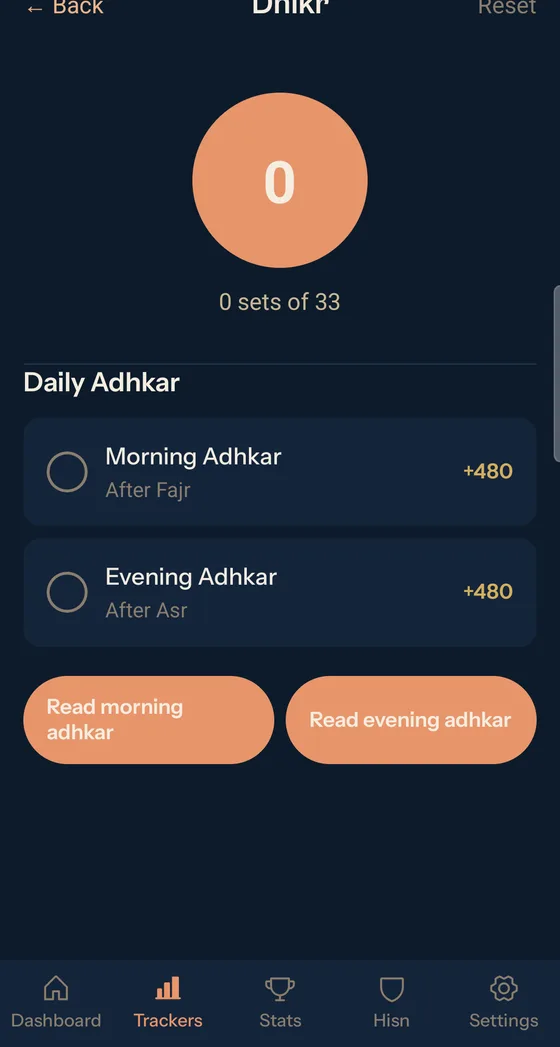 Tasbeeh counter with daily adhkar morning and evening sessions