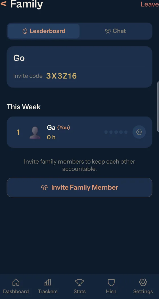 Family leaderboard with invite code, weekly tracking and accountability
