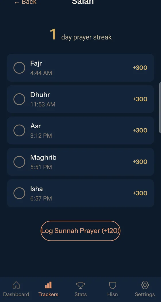 Salah tracker with 5 daily prayers, streak counter, and sunnah prayer logging