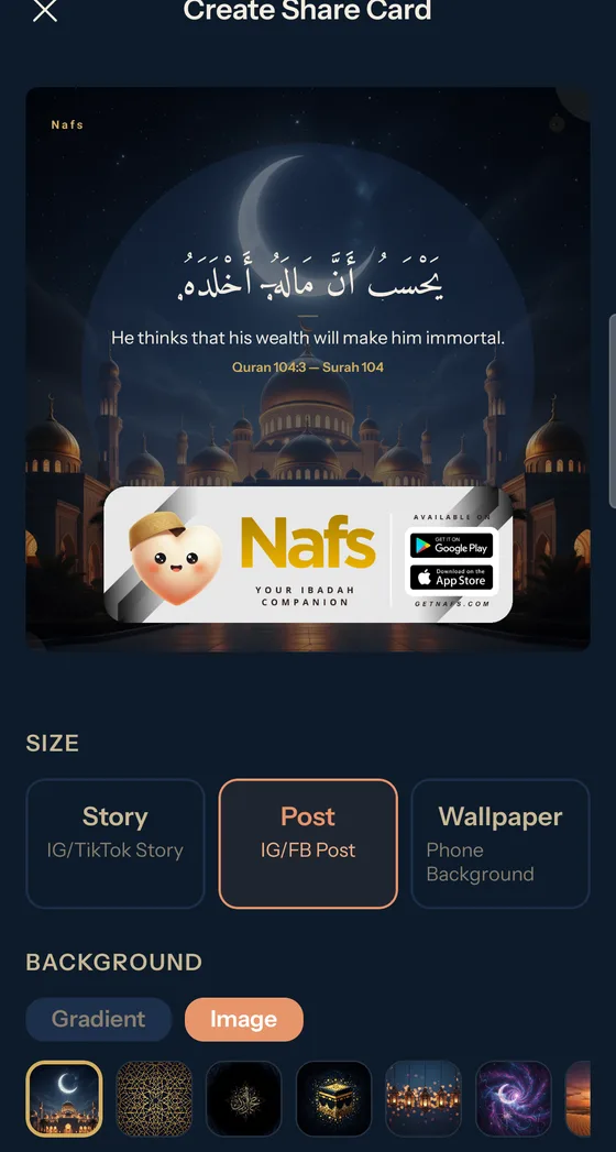 Create Share Card feature with Quran verse, custom backgrounds and sizes