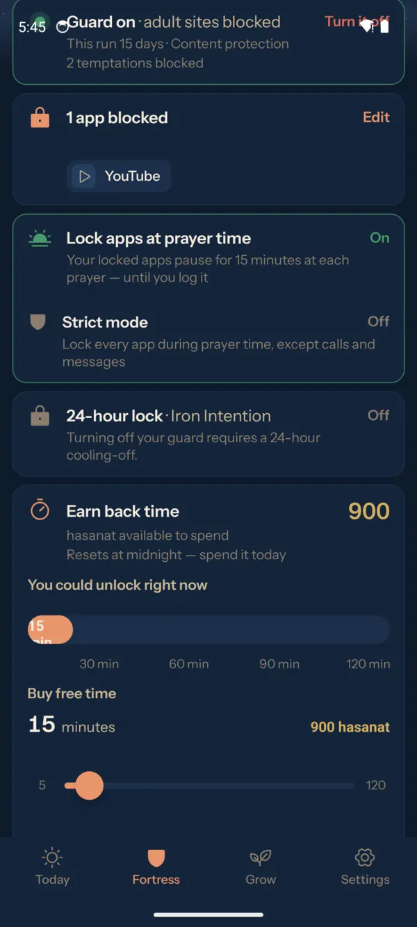 The Nafs Fortress tab: guard on with adult sites blocked, one app blocked, lock apps at prayer time switched on, strict mode, the 24-hour lock, and earn back time