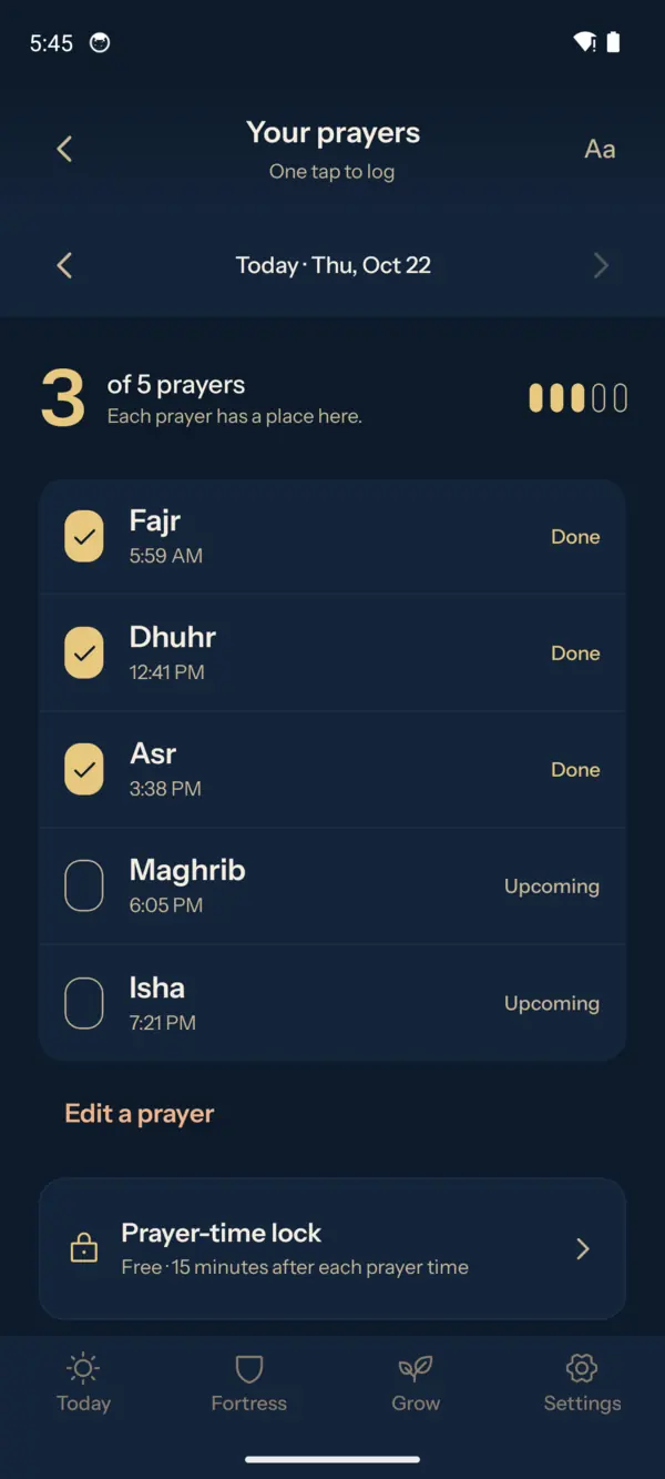 The Nafs prayer log: 3 of 5 prayers done today, with Fajr, Dhuhr and Asr ticked and Maghrib and Isha upcoming
