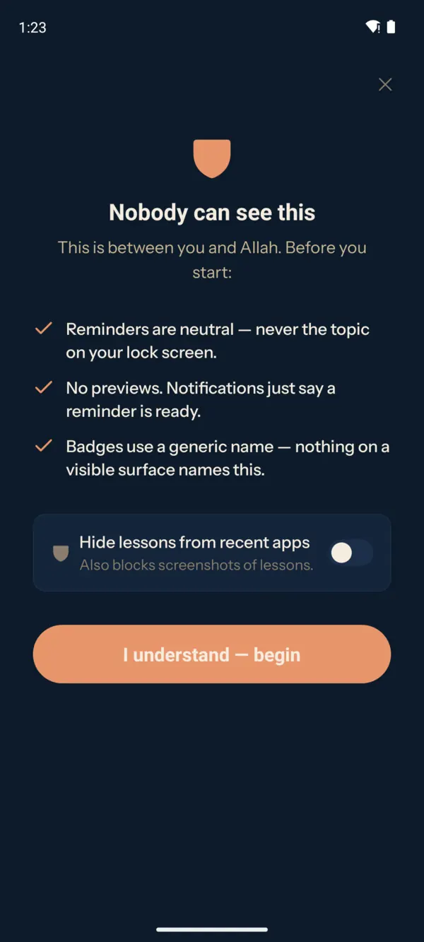 The Nafs privacy screen: Nobody can see this. Reminders are neutral, no previews, badges use a generic name, and a switch to hide lessons from recent apps